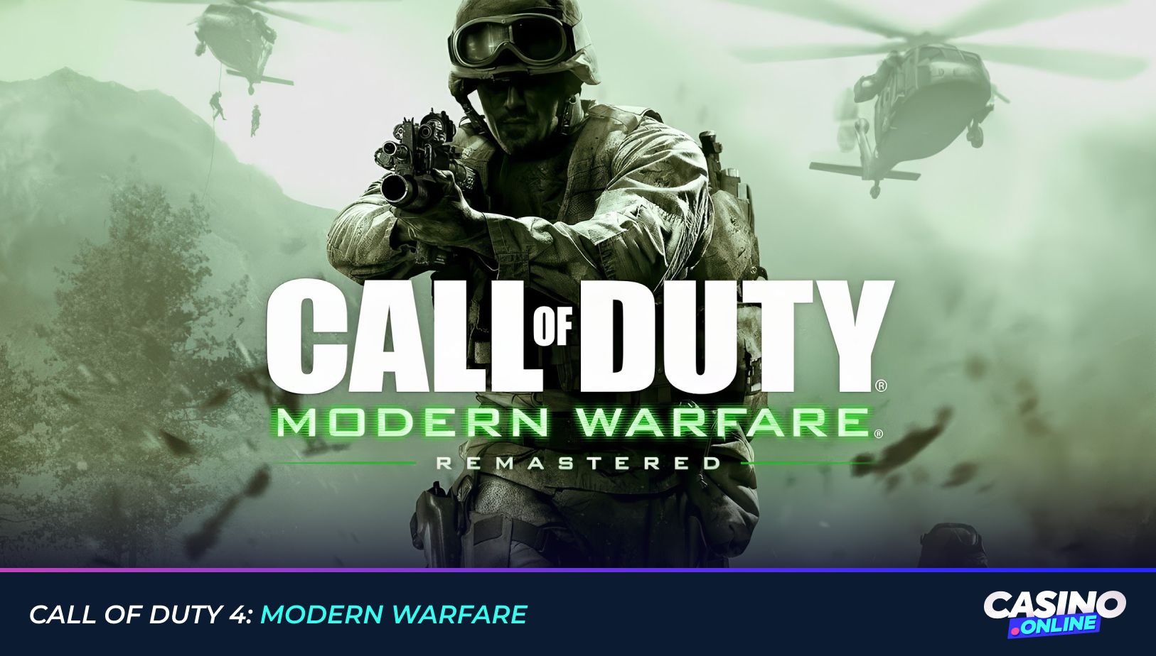 Call of Duty 4 Modern Warfare slot with soldier, helicopters amid warzone on explosive video game-themed reels.